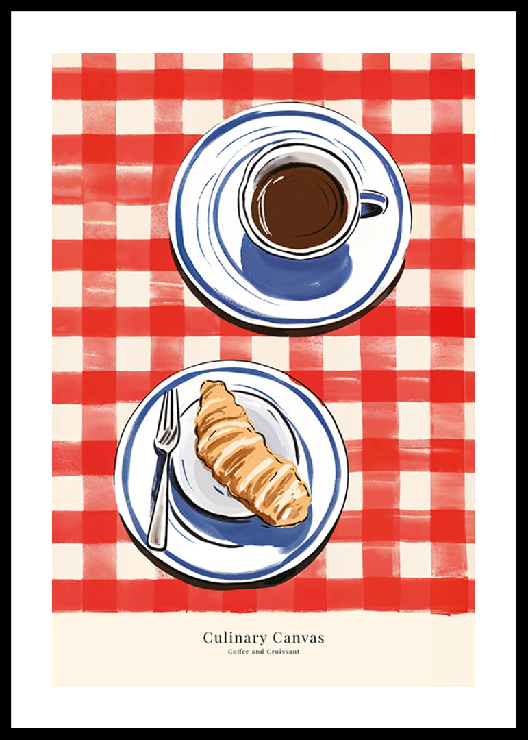 Illustration av kopp kaffe och croissant på rutig duk-12