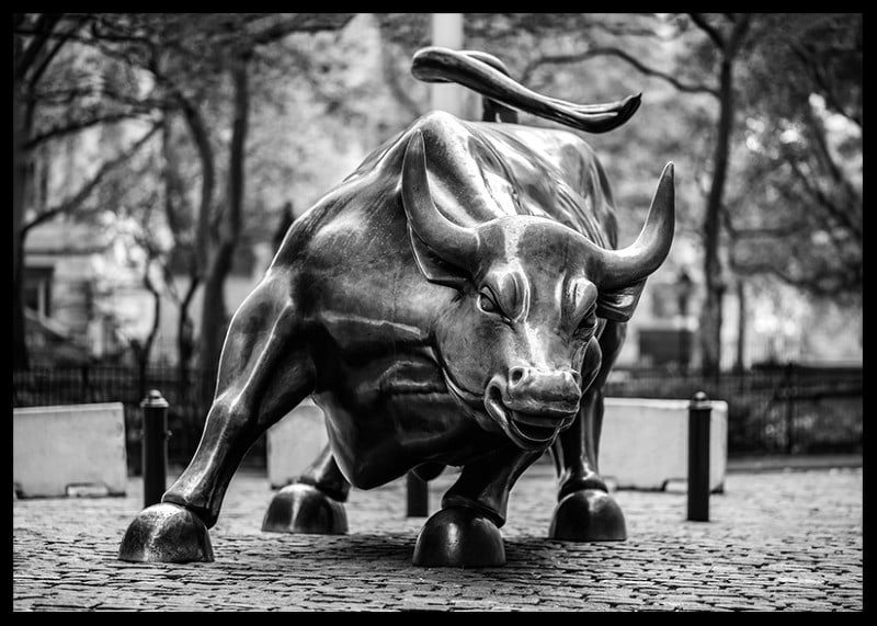 Zwart-witfoto van het Charging Bull-beeldhouwwerk in New York-12