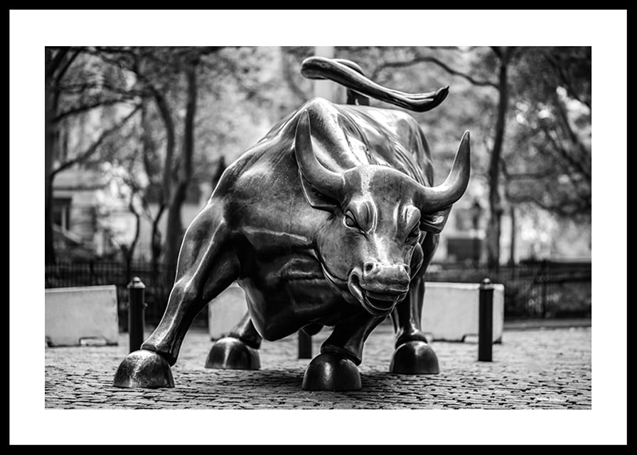 Zwart-witfoto van het Charging Bull-beeldhouwwerk in New York-12