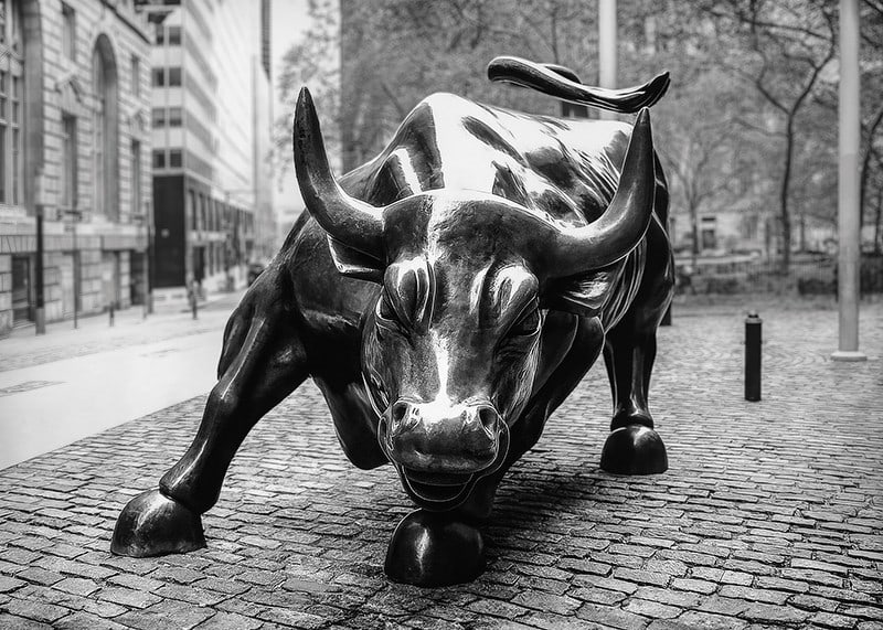 Primo piano in bianco e nero della scultura Charging Bull a New York-12