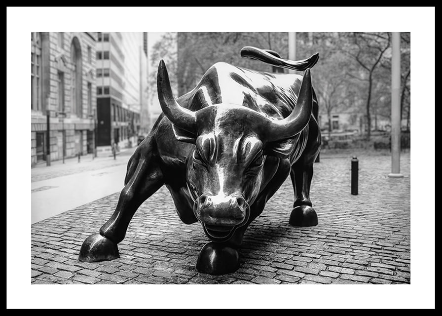 Primo piano in bianco e nero della scultura Charging Bull a New York-12