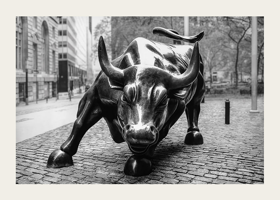 Primo piano in bianco e nero della scultura Charging Bull a New York-12
