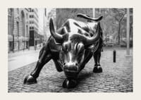 Black and white close-up of the Charging Bull sculpture in New York-3