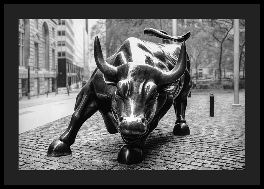 Primo piano in bianco e nero della scultura Charging Bull a New York-12