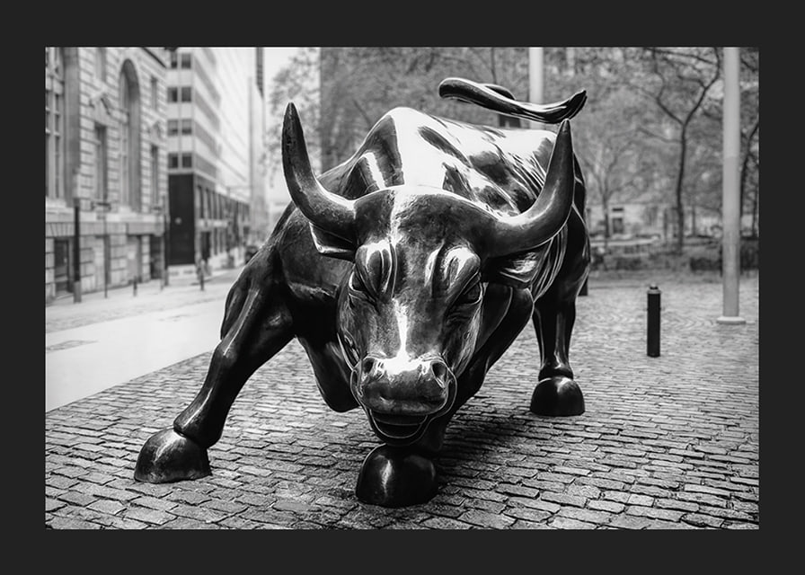 Primo piano in bianco e nero della scultura Charging Bull a New York-12
