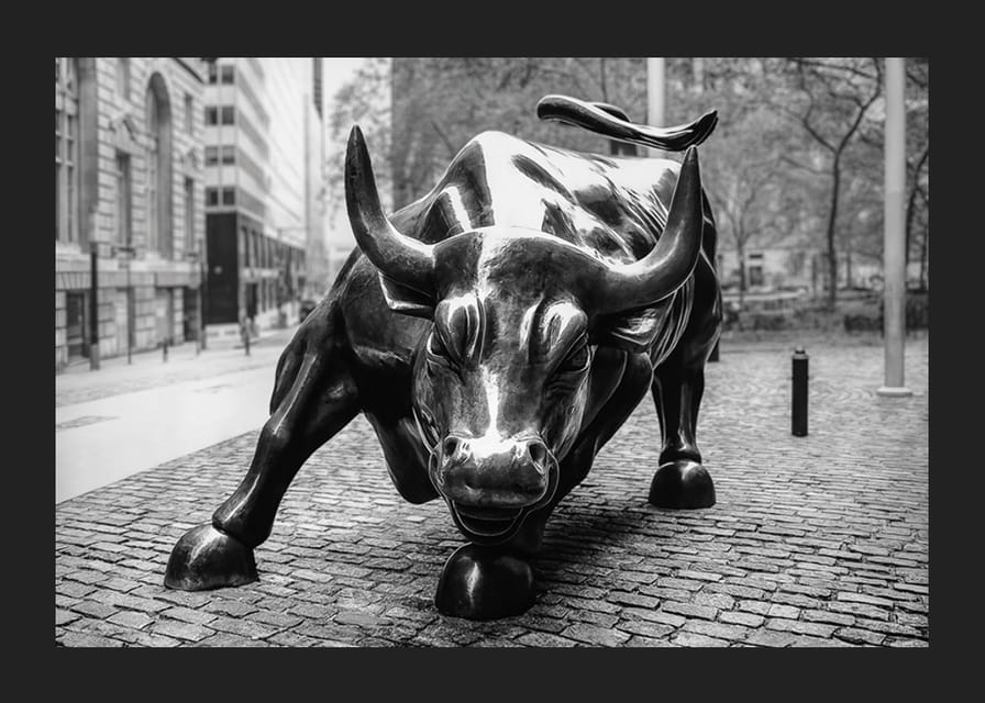 Black and white close-up of the Charging Bull sculpture in New York-12