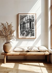 Svartvit närbild av klassiska townhousefasader i New York-8