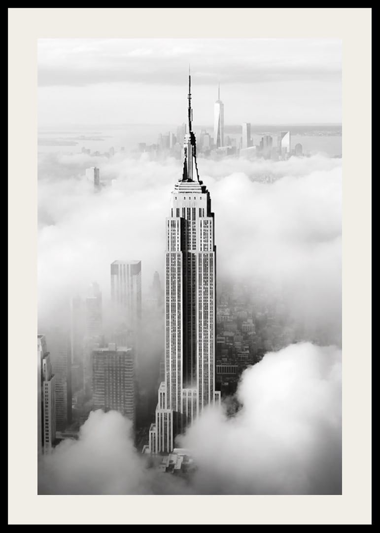 Empire State Building in black and white among clouds over Manhattan-12