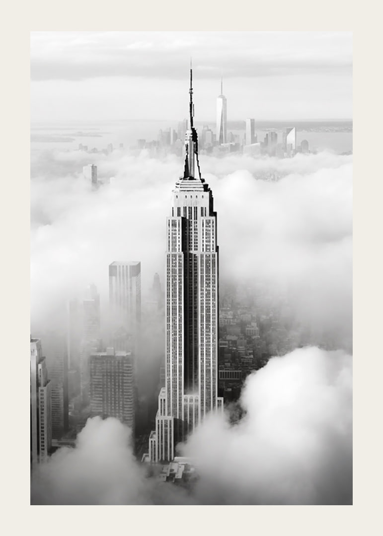 Empire State Building in black and white among clouds over Manhattan-12