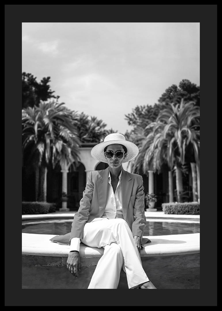 Black and white photo of woman in suit and sun hat by pool-12