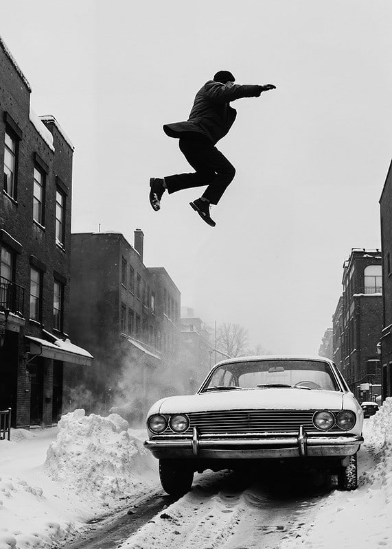 Black and white city scene with man jumping over snow-covered car-12