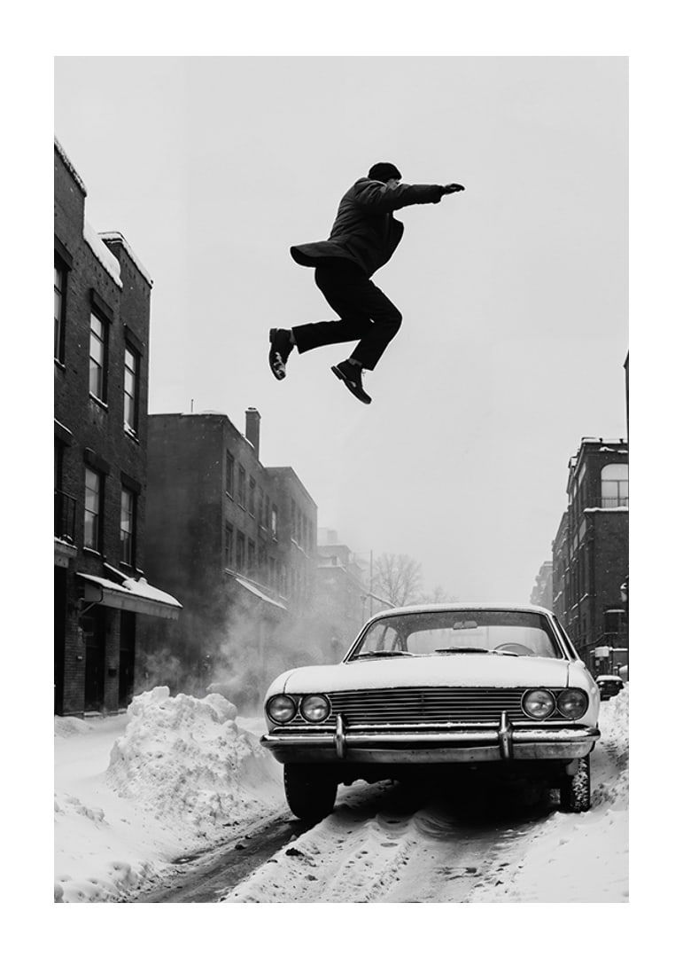 Black and white city scene with man jumping over snow-covered car-12