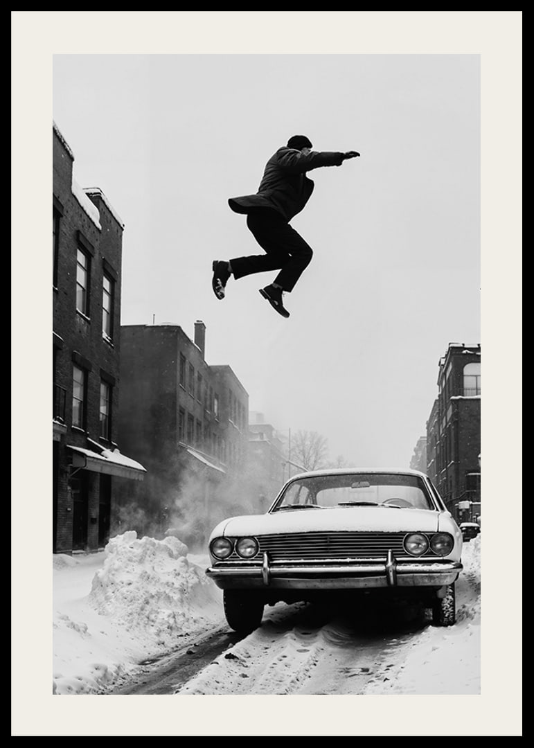 Black and white city scene with man jumping over snow-covered car-12