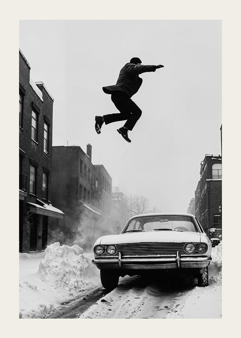Black and white city scene with man jumping over snow-covered car-12