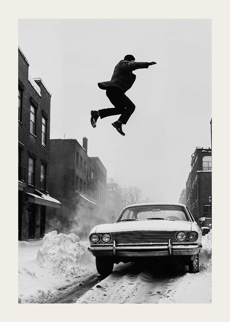 Schwarz-weiße Stadtszene mit Mann, der über ein schneebedecktes Auto springt-12
