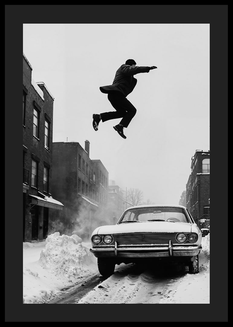 Black and white city scene with man jumping over snow-covered car-12