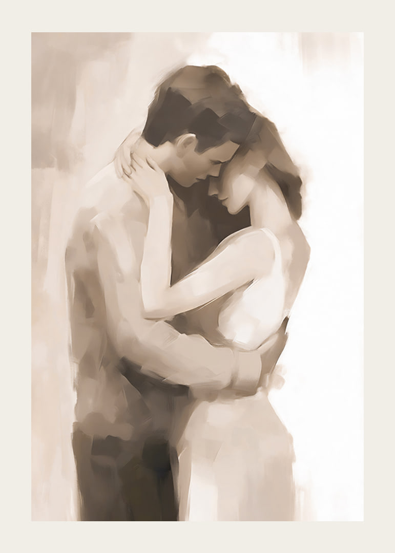 Abstract painted silhouettes of couples in close proximity, beige tones-12
