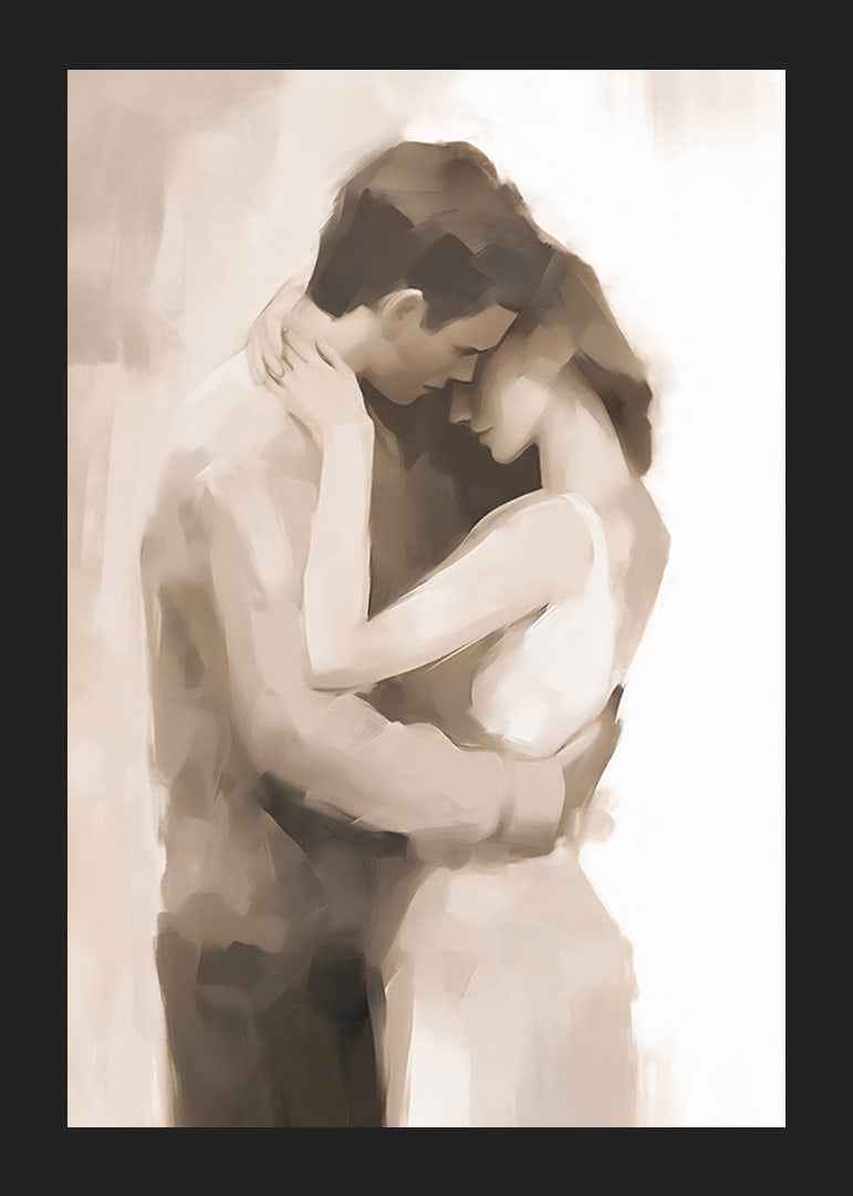 Abstract painted silhouettes of couples in close proximity, beige tones-12