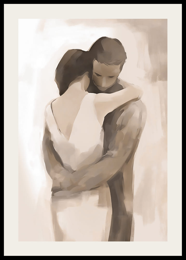 Aquarell zweier Menschen in zärtlicher Umarmung in Beigetönen-12