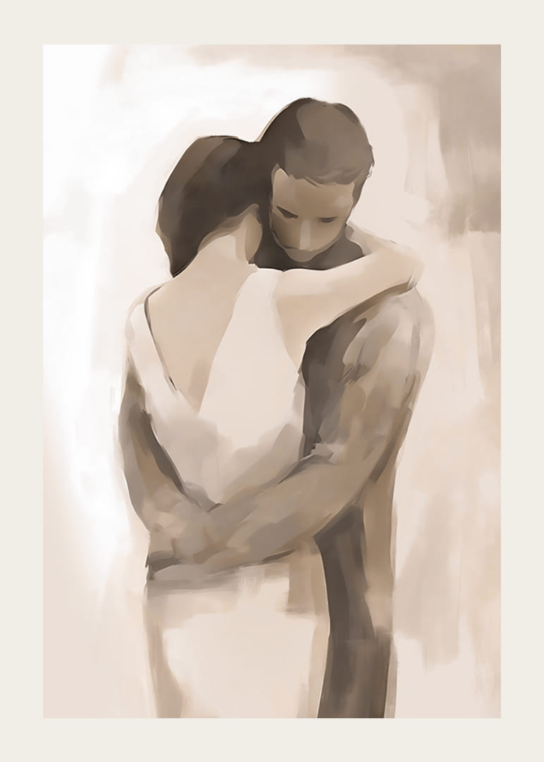 Aquarell zweier Menschen in zärtlicher Umarmung in Beigetönen-12