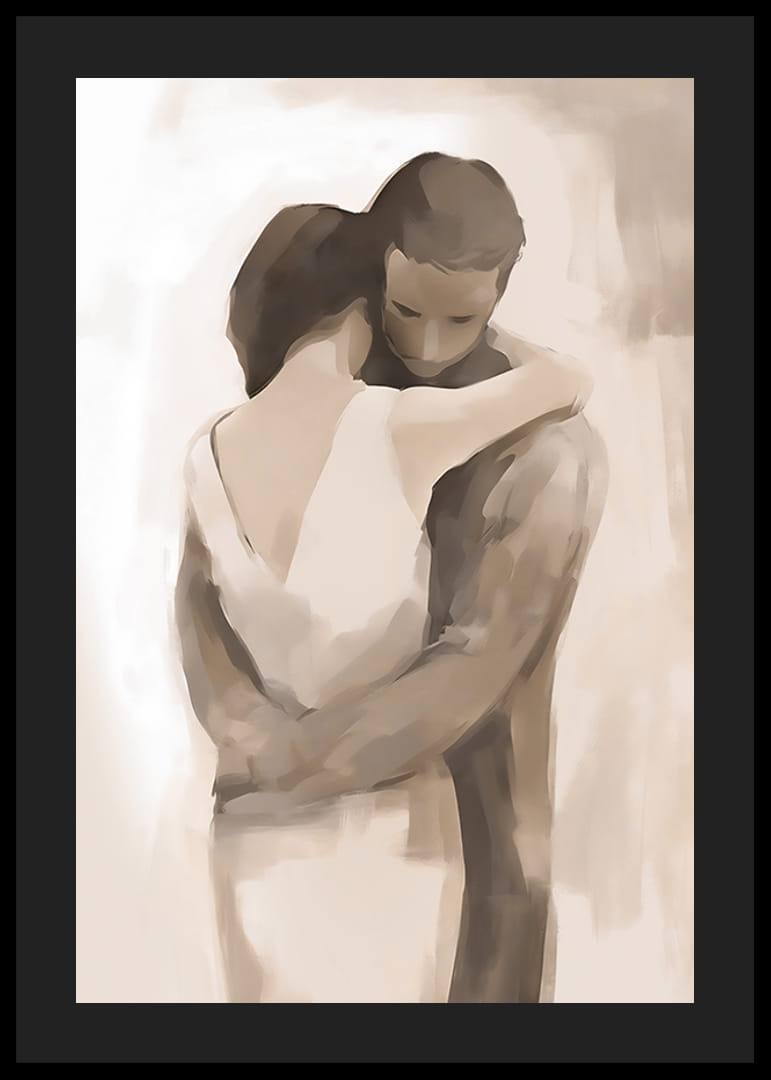 Aquarell zweier Menschen in zärtlicher Umarmung in Beigetönen-12