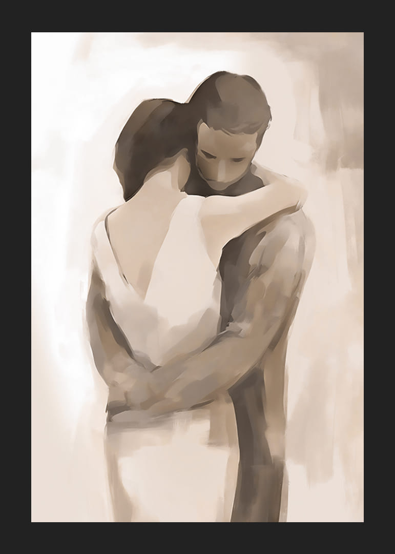Aquarell zweier Menschen in zärtlicher Umarmung in Beigetönen-12