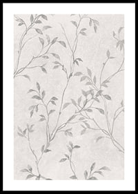 Abstract thin branches with small leaves in gray tones against light background-0