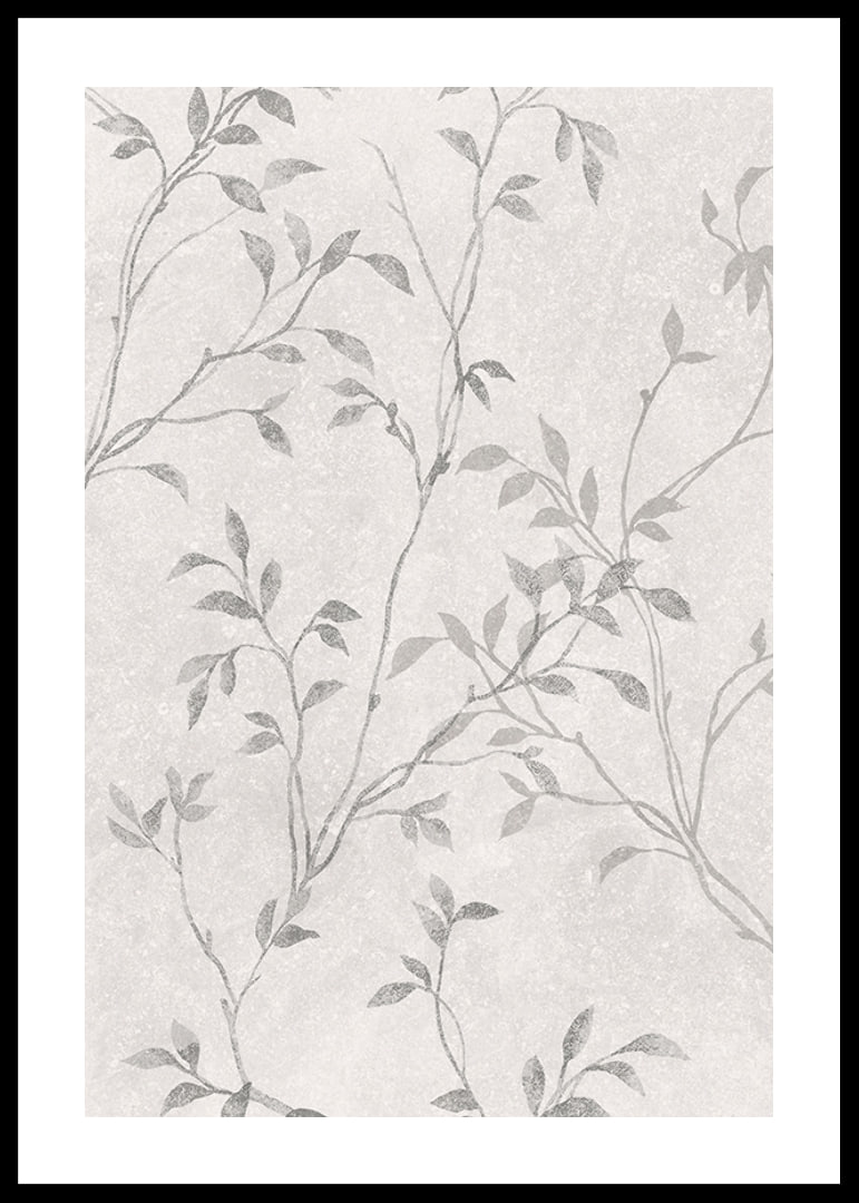 Abstract thin branches with small leaves in gray tones against light background-12