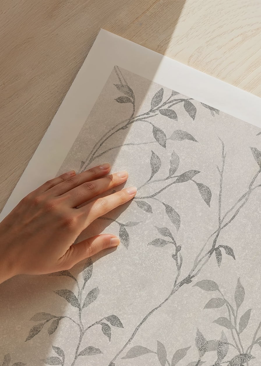 Abstract thin branches with small leaves in gray tones against light background-12