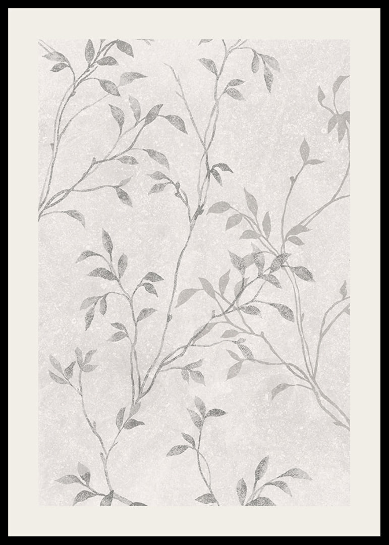 Abstract thin branches with small leaves in gray tones against light background-12