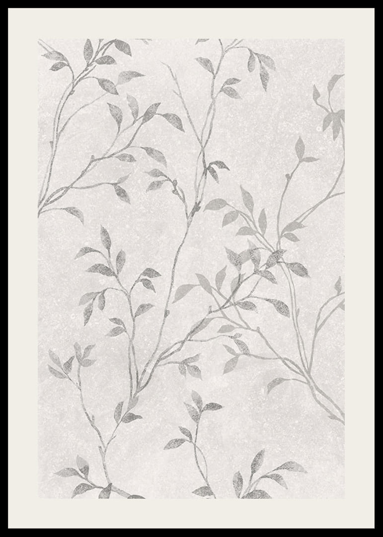 Abstract thin branches with small leaves in gray tones against light background-12