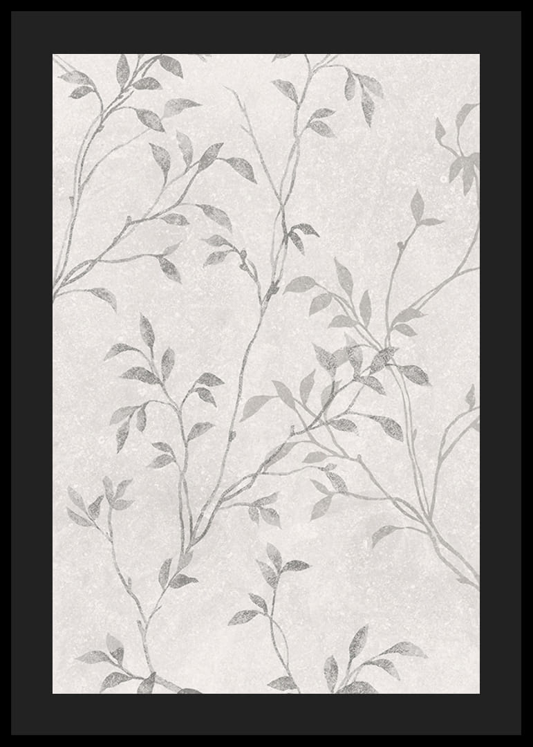 Abstract thin branches with small leaves in gray tones against light background-12