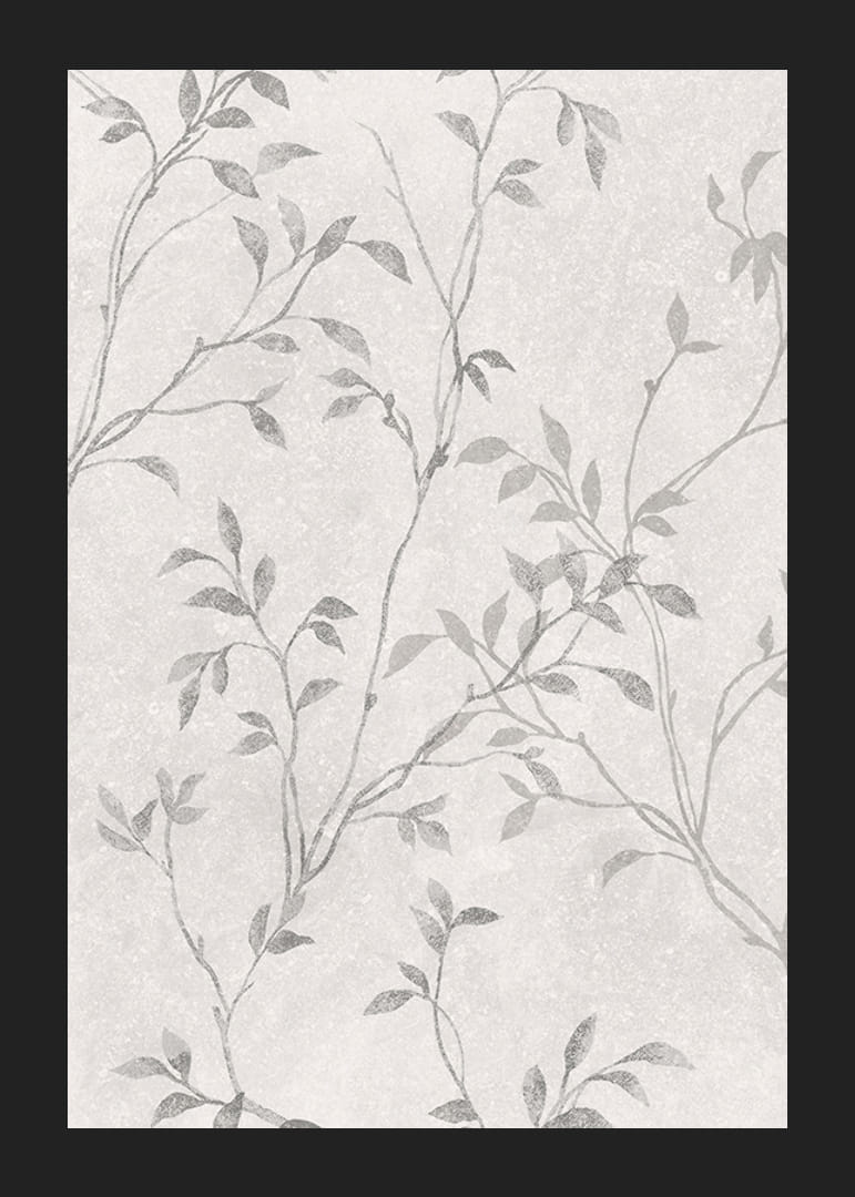 Abstract thin branches with small leaves in gray tones against light background-12