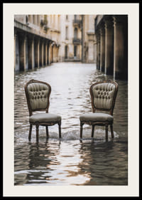 Two older chairs in a water-filled urban environment, photographic style-2