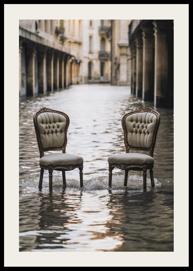 Two older chairs in a water-filled urban environment, photographic style-12