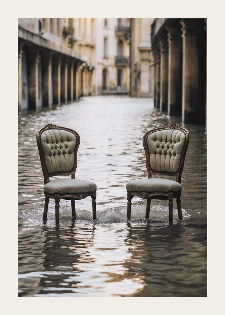 Two older chairs in a water-filled urban environment, photographic style-12