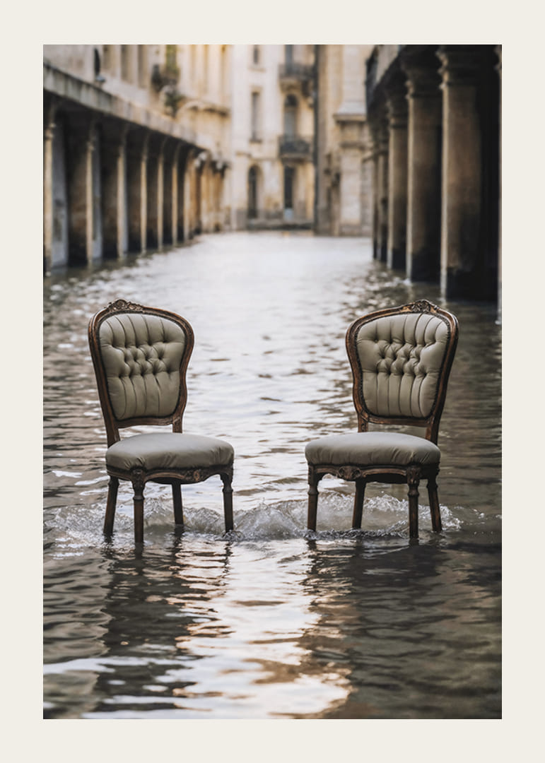 Two older chairs in a water-filled urban environment, photographic style-12