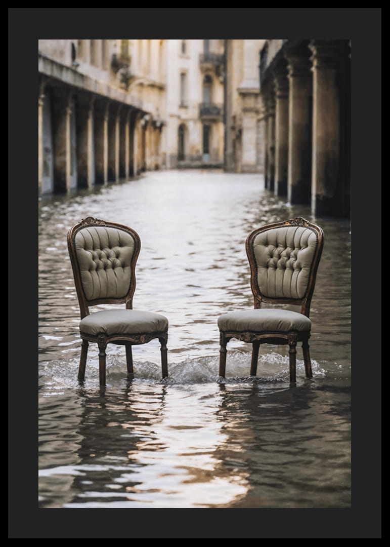 Two older chairs in a water-filled urban environment, photographic style-12