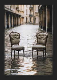 Two older chairs in a water-filled urban environment, photographic style-5