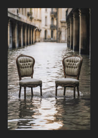 Two older chairs in a water-filled urban environment, photographic style-5