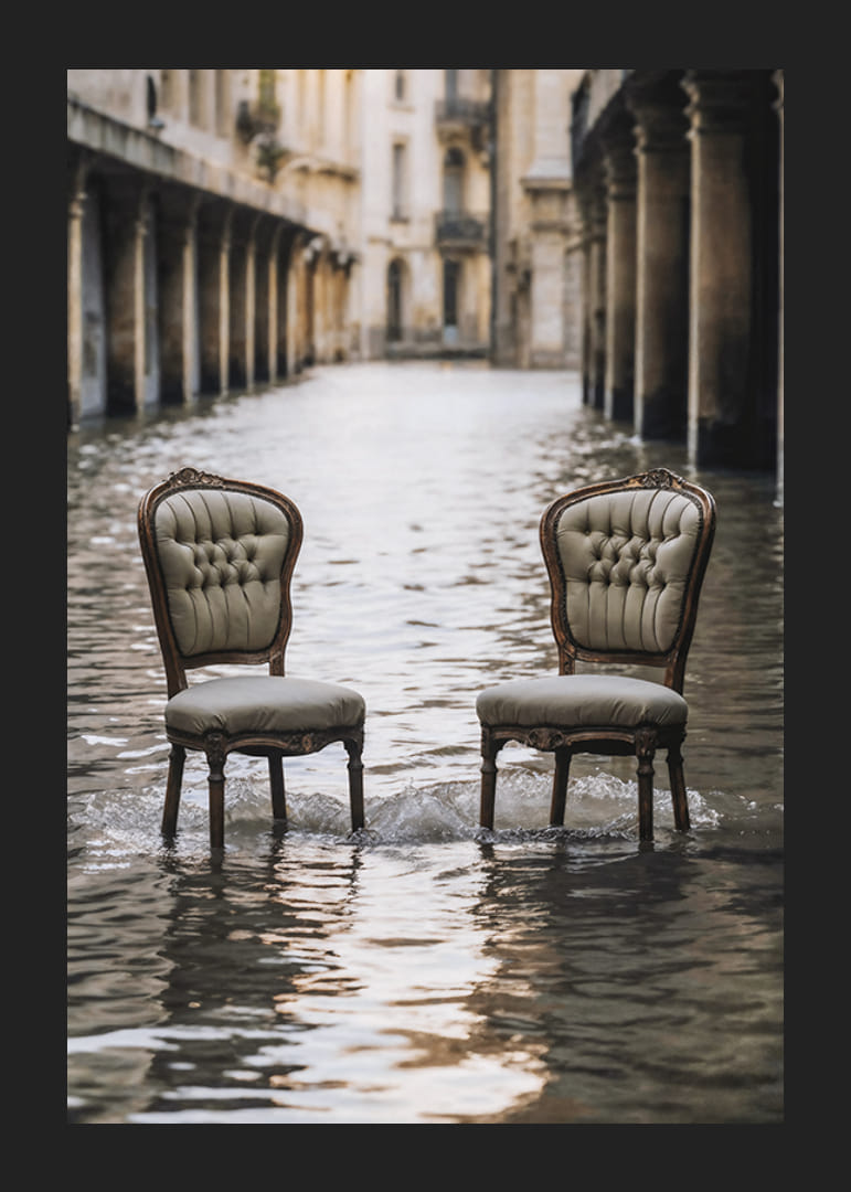Two older chairs in a water-filled urban environment, photographic style-12