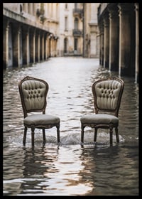 Two older chairs in a water-filled urban environment, photographic style-6