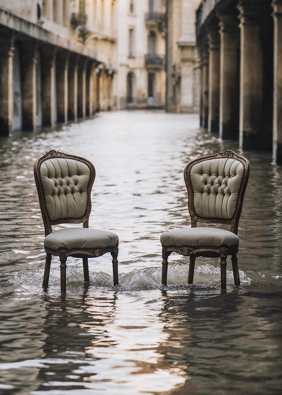 Two older chairs in a water-filled urban environment, photographic style-12