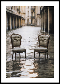 Two older chairs in a water-filled urban environment, photographic style-0