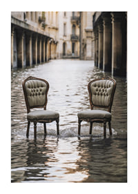 Two older chairs in a water-filled urban environment, photographic style-1