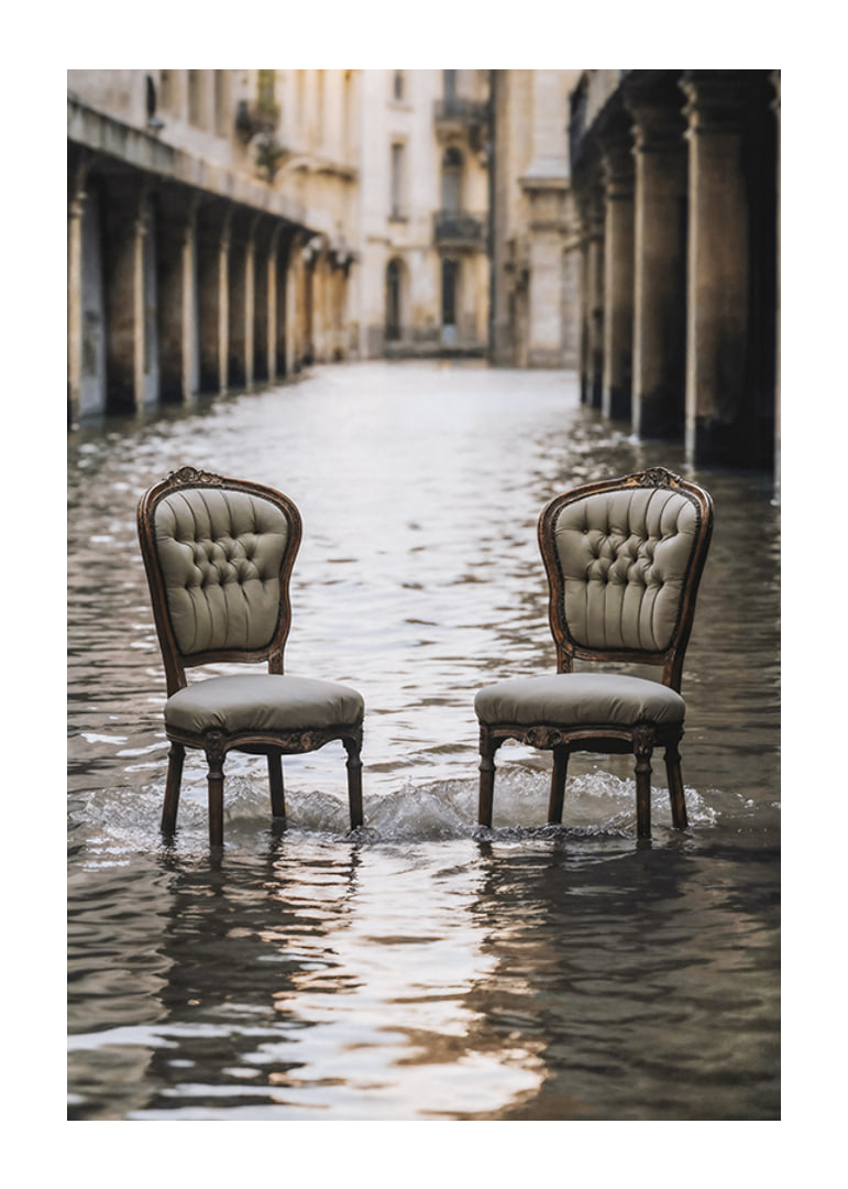 Two older chairs in a water-filled urban environment, photographic style-12