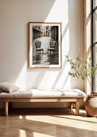 Two older chairs in a water-filled urban environment, photographic style-8