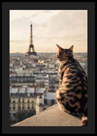 Fotografische Katze mit gemustertem Fell blickt im warmen Abendlicht auf Paris und den Eiffelturm-4