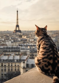 Fotografische Katze mit gemustertem Fell blickt im warmen Abendlicht auf Paris und den Eiffelturm-7