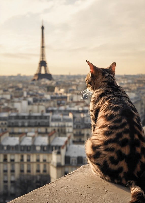 Fotografische Katze mit gemustertem Fell blickt im warmen Abendlicht auf Paris und den Eiffelturm-12
